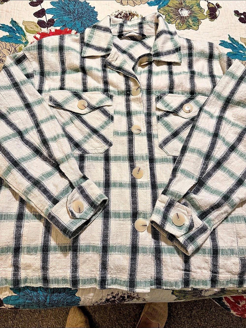 Zara Plaid Linen Utility Jacket in Cream & Green Size Medium Like
